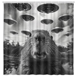 DeeCabin Funny Shower Curtain, Whimsical Capybara Selfie with Weird UFOs, Retro Black White Funny Humorous Shower Curtain Set, Bathroom Decor Set with Hooks, 70X70IN