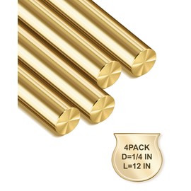 LRVOJUY 4-Pack Solid Brass Rods, 1/4 x 12 Inch Brass Rod, Premium Brass Round Stock, Precision-Cut with Polished Finish, Ideal for Knife Handle Pins, Machining, Crafts, and DIY Projects