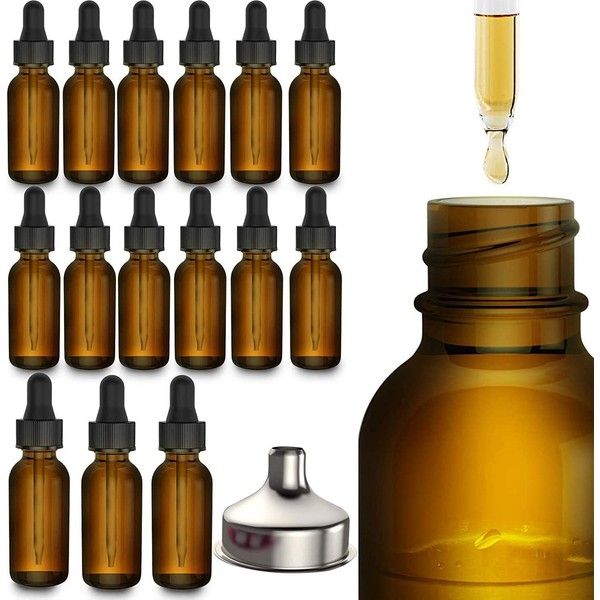 15 Pack Essential Oil Bottles - Round Boston Empty Refillable Amber Bottle with Glass Dropper [ Free Stainless Steel Funnel ] for Liquid Aromatherapy Fragrance Lot - (1 oz) 30ml