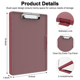 Clipboard with Storage, 8.5x11" Clip Boards with 2 Storage Case and A4 Paper Folder, Clear Dry Erase Top Panel, Heavy Duty Plastic, Folio & Side-Opening, for Nurses, Teacher, Lawers, Burgundy