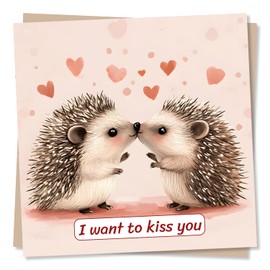 Adorable Birthday or Anniversary Card For Partner - Hedgehog Lover - Animal, Pet, Love Hearts - I Want To Kiss You - Valentines Love For Husband, Wife, Girlfriend, Boyfriend