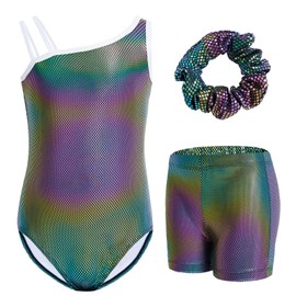 Gogokids Girls' 3PC Sleeveless Gymnastics Outfit with Shorts, Girls Gymnastics Leotards with Diagonal Shoulder Strap Design Gymnastics Costume Swim Suit Includes Leotard, Shorts & Hair Tie, Ages 9-10