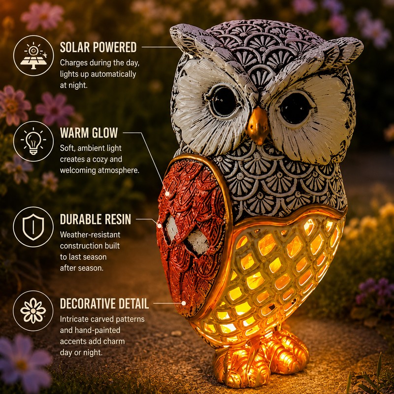 Solar Red Owl Statue Light for Garden Decor – Resin