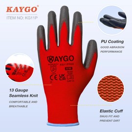 KAYGO Work Gloves PU Coated-12 Pairs, KG11PR, Safety Working Gloves with Secure Grip on Palm & Fingers, for Men and Women, Ideal for General Purpose Light Duty Work, Gardening (Medium, Red)