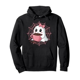 Cute Ghost with Pumpkin, Bow and Coffee Spider Web Pullover Hoodie