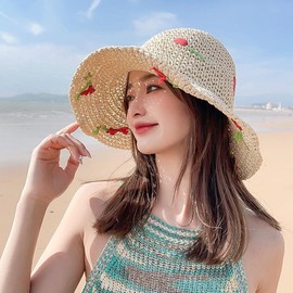Women Floppy Straw Sun Hat Wide Brim Floral Beach Hat Packable Roll up Bucket Cap UPF 50+