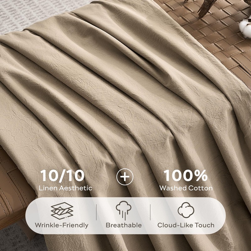 JELLYMONI 100% Washed Cotton Pillowcases, Standard, Button Closure