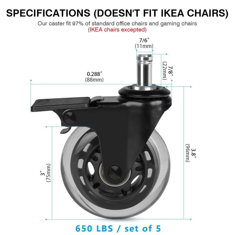 Hirate 5 Pack Office Chair Casters (2 with Brakes, 3