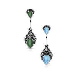 Pierced Owl - Double Semi Precious Stone Vintage Filigree Stainless Steel Belly Button Navel Ring, Metal, stone