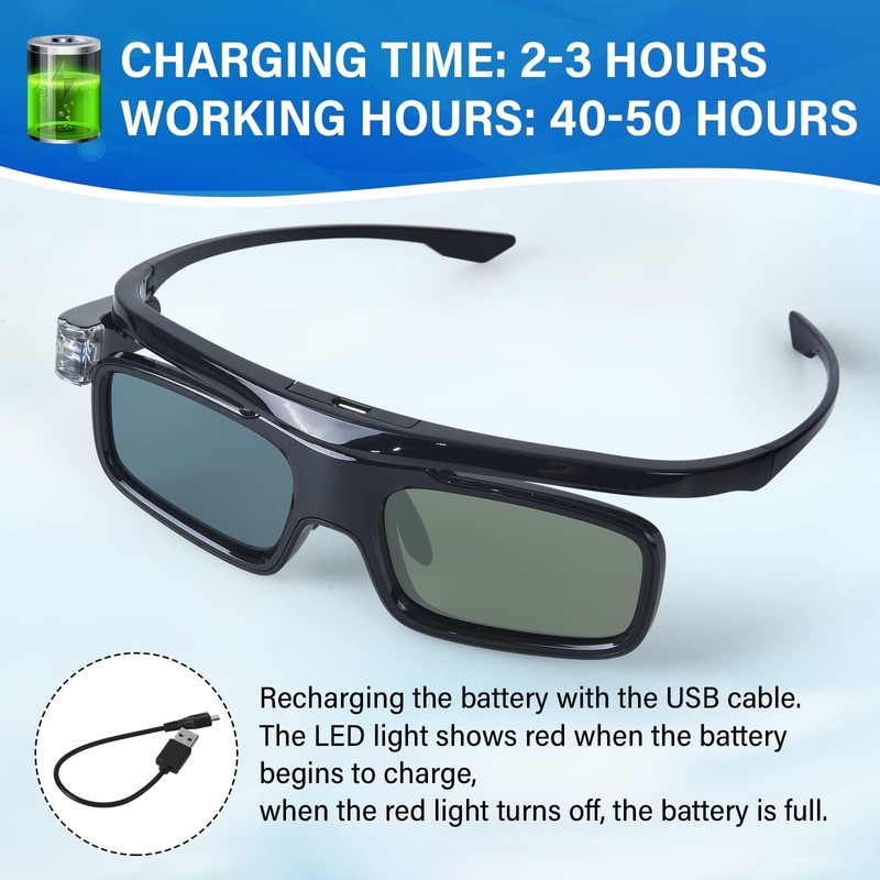 3D Glasses, Active Shutter Rechargeable Eyewear for 3D DLP-Link Projectors