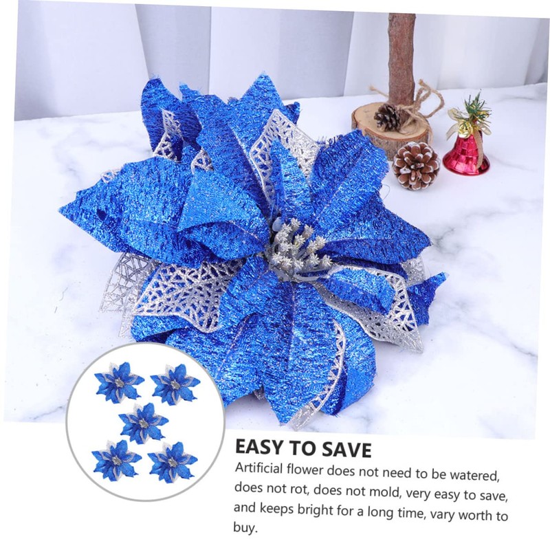 Ciieeo 5Pcs Blue Hexagonal Gold Thread Christmas Decorative Flowers for