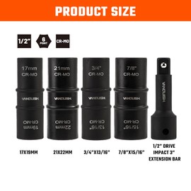 VANQUISH 5-Piece 1/2-Inch Drive Impact Socket Set, Thin Wall Wheel Lug Nut Flip Socket Set with 3-Inch Bar Extension, SAE and Metric Sizes 8999