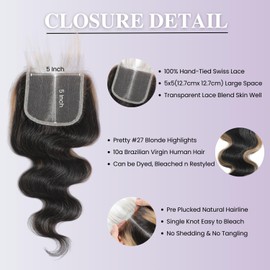 AUROO Honey Blonde Highlight 5x5 Lace Closure Only Human Hair Body Wave, #27 Ombre Skunk Stripe HD Transparent Lace Closure Pre Plucked with Baby Hair Larger Parting Lace Closure (150% Density, 12 IN)