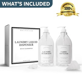 Calindiana Laundry Liquid Detergent Dispenser for Laundry Room Organization, Clear 64oz PET Plastic Landry Soap Containers with Black Water Resistant Labels, Pumps and Screw Caps, Collapsible Funnel - Color: CLEAR/WHITE LABELS