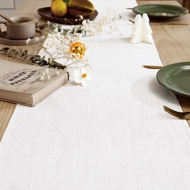 Aoztio Linen Style Rustic Table Runner, Farmhouse Cotton Linen Table Runner, Boho Table Runners 150cm Long with Hand Tassels for Home Tabletop Decor and Everyday Use - Off White, 150cm