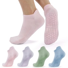 BUDERMMY 4 Pairs Pilates Yoga Grip Socks for Women Non Slip Slipper Grippy Socks Breathable Cotton Dance Trampoline Trainer Socks (UK, Numeric, 6, 8, Regular, Regular, Mixed color)