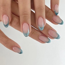 Blue French tips Press on Nails - 24Pcs Cat Eye False Nails French Tip - Almond Fake Nails with Glue - Glossy Reusable Summer False-Nails for Women Girls