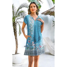 Disamer Womens Casual Dresses Short Sleeve Summer Dresses 2025 Boho Floral Beach Sundresses Spring A-Line Dress with Pockets,Floral Blue,Medium