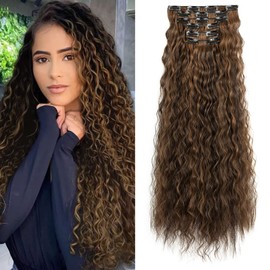 6PCS Clip In Hair Extensions-LONAI 24" Black Brown with Highlight Hair Long Mermaid Waves Synthetic Clip On Hairpiece For Women