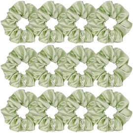 12 Pcs Satin Silk Scrunchies, Soft Hair Ties, Fashion Bands, Bows, Ropes, Elastic Bracelets, Ponytail Holders for Women and Girls (4.5 Inch, Tender Green)
