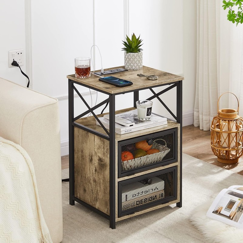 VECELO Dust Grey End Table with USB Ports and Outlets,24