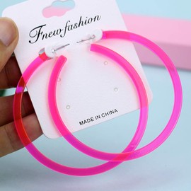 70mm Hot Pink Heart Big Hoop Earring Acrylic Open Large Hoop Earrings C Shape Trendy Earrings Lightweight Statement Ear Jewelry Earring For Women-2 Pairs