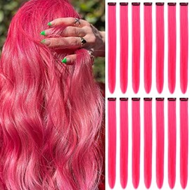 16Pcs Colored Clip in Hair Extensions, 22 Inch Colorful Highlights Hairpieces Straight & Long Heat-Resistant Synthetic Hair Accessories for Kid Girls Women Party Hair Decor (16Pcs-Hot Pink)