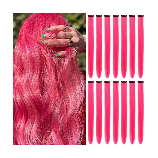 16Pcs Colored Clip in Hair Extensions, 22 Inch Colorful Highlights Hairpieces Straight & Long Heat-Resistant Synthetic Hair Accessories for Kid Girls Women Party Hair Decor (16Pcs-Hot Pink)