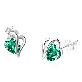 AOBOCO Sterling Silver Earring Studs for Women with May Birthstone Crystals, Love Knot Heart Earrings Hypoallergenic, 14K White Gold Plated (Emerald)