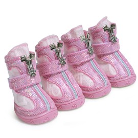 Hdwk&Hped Small Dog Boots, Breathable Mesh Summer Dog Shoes Pink Stylish PU Dog Girl Booties with Durable Non-Slip Rubber Sole (#4 (10~15lb), Sequins Style - Pink)