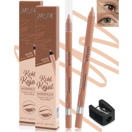 Nude Beige Water Line Gel Eyeliner Pencil-2Pcs Waterproof Smudge-Proof Cream Eye Liner Waterline Brightener Pen,Smooth Easy-to-Sharpen Pencil with Sharpener,Longlasting Eye Makeup for Older Women