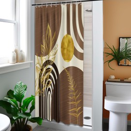 QGHOT Boho Mid Century Modern Shower Curtain Black and Brown Shower Curtains for Bathroom Decor Beige and Dark Tan Gold Leaves Abstract MCM Bath Curtain Set, Waterproof Fabric, 48" W x 72" L