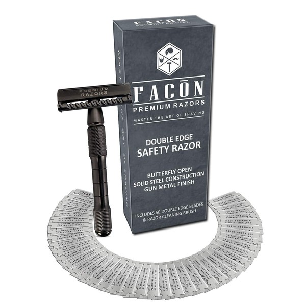 50 BLADES + Facón Classic Long Handle Double Edge Safety Razor - Butterfly Open Shaving Razor With Platinum Japanese Stainless Steel Blades for Smooth Wet Experience - 200+ Shaves