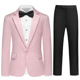 Lamgool Tuxedo Suits for Boys Floral Jacquard Kids Formal Outfit 4-Piece Set Size 14 Light Pink Blazer Pants White Shirt Bow Tie Prom