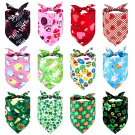 12Pcs Pet Bandanas,4 Valentine's Day Heart Dog Bandanas Triangle Dog Scarf,4 Easter Egg Rabbit Pattern Pink Dog Scarf,4 St. Patrick's Day Dog Collar Scarf,Pet Neckerchief for Pet Costume Accessories