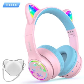 IFECCO  Kids Headphones Cartoon Face Wireless Childrens Headset LED Indicator Cat Ear Fun Design Colorful Choicescolor: Purple, model number: S28