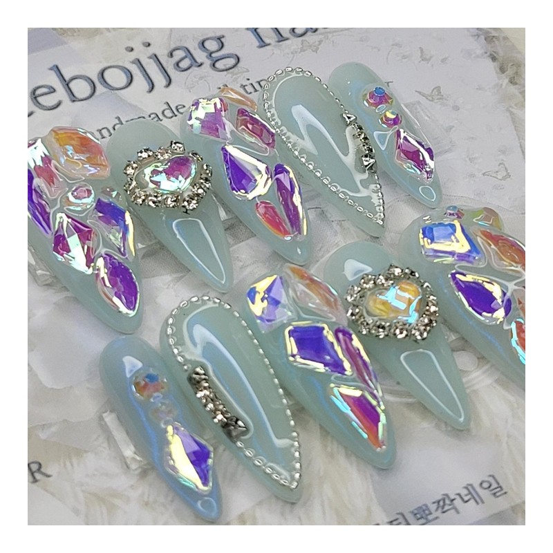 Blue Aurora Handmade Nail Tips - Oval M / 블루