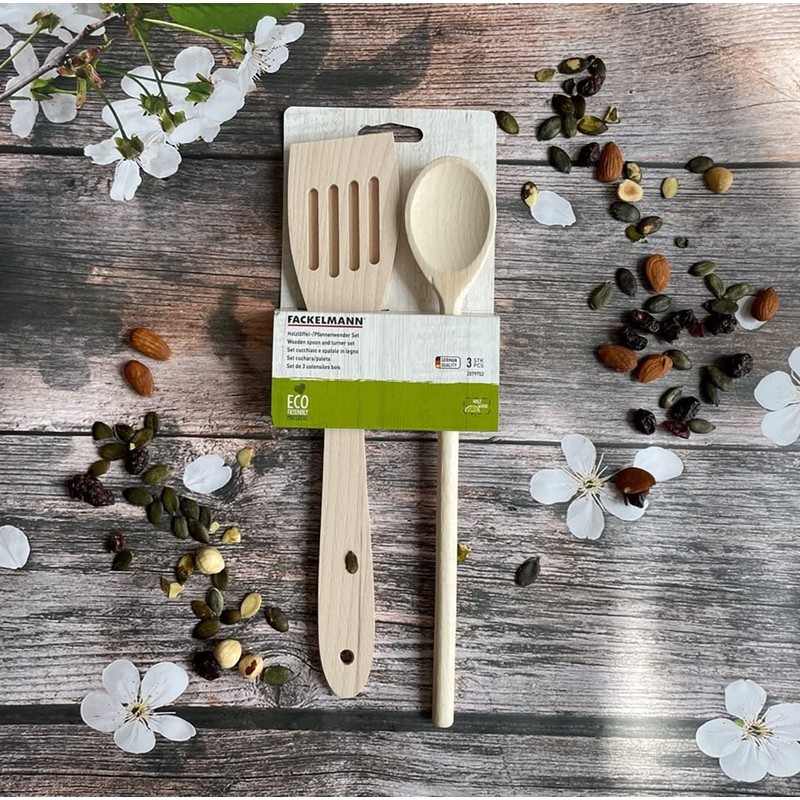 Fackelmann Spatula with 1 September 2 Wooden Spoons, Brown