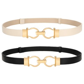 VONMELLI 2 Pack Women's Leather Belts for Jeans Dress Pants Fashion Gold Buckle Ladies Skinny Belt Black Beige