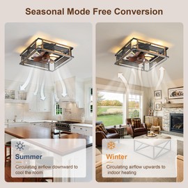 Square Cage Ceiling Fan with Light and Remote Control, 18 Inches, 6-Speed Adjustable, Suitable for Living Room, Bedroom and Kitchen.Timer Function (1/2/4H)(Black)