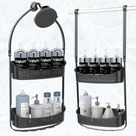 EMT ETRENDS Plastic Shower Caddy over Shower Head，Door Hanging Shower Caddy, 2 in 1 Adjustable Shower Organizer,Rust Resistant No Drilling Anti-Swing Shelf for Bathware (Grey)