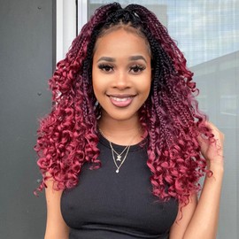 Wodun12inchGoddess Box Braids Crochet Hair Pre Looped Box-Braids Crochet-Hair with Curly Ends For Black Women Synthetic 3X Bohemian Box Braiding Hair Extensions(12inch,8Packs,1B/99J/530)