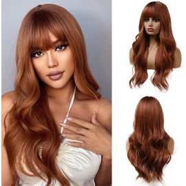Esmee 24 Inches Long Wavy Copper Brown Wigs for Women Natural Synthetic Hair Heat Resistant Wigs with Bangs for Daily Party Cosplay Use