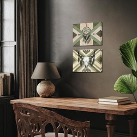 RnnJoile Aztec Paintings Canvas Wall Art Dream Catcher and Bull Skull Pictures Western Theme Prints for Cowboys Wall Decor Framed Ready to Hang (Sage, Small)