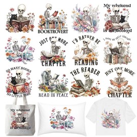 Falueqg Dtf Transfers Ready to Press - 12Pcs Skull Reading Iron on Transfer for Tshirts, Book Lovers Iron on Decals Patches, Bookish Flower Heat Trasnefer Stickers for DIY Clothes Bags Hats Pillows