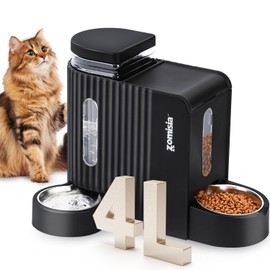 ZOMISIA Gravity Cat Feeder and Water Dispenser with 304 Stainless Steel Bowls, 2 in 1 Automatic Cat Feeder with 180 Degree Rotatable Water Bowl, Large Capacity for Puppy Kitten Rabbits, Black