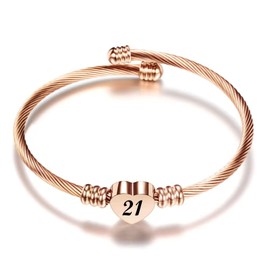 KunBead 21st Birthday Love Heart Rose Gold Tone Expandable Bracelets for Women Lucky Number Age Bangle Cuff Stainless Steel Bracelet