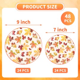 48Pcs Fall Leaves Paper Plates Autumn Leaf Disposable Party Plates Thanksgiving Maple Leaves 9" and 7" Round Dinner Dessert Plate Set for Harvest Holiday Party Supplies