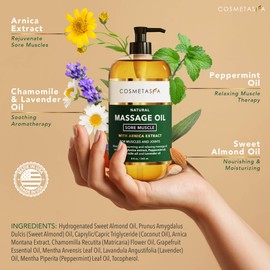 Cosmetasa Sore Muscle Massage Oil - 8.8 oz, Soothes Muscle and Joint with Arnica Extract, Peppermint, Chamomile, and Lavender Oil (8.8 oz, Sore Muscle)