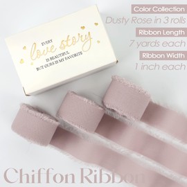 MEEDEE Dusty Rose Chiffon Ribbon - 1 Inch Fringe, Pink Silk, Frayed Edge - Thin Ribbons for Crafts, Gift Wrapping, Wedding Invitations (3 Rolls, 21 Yards)